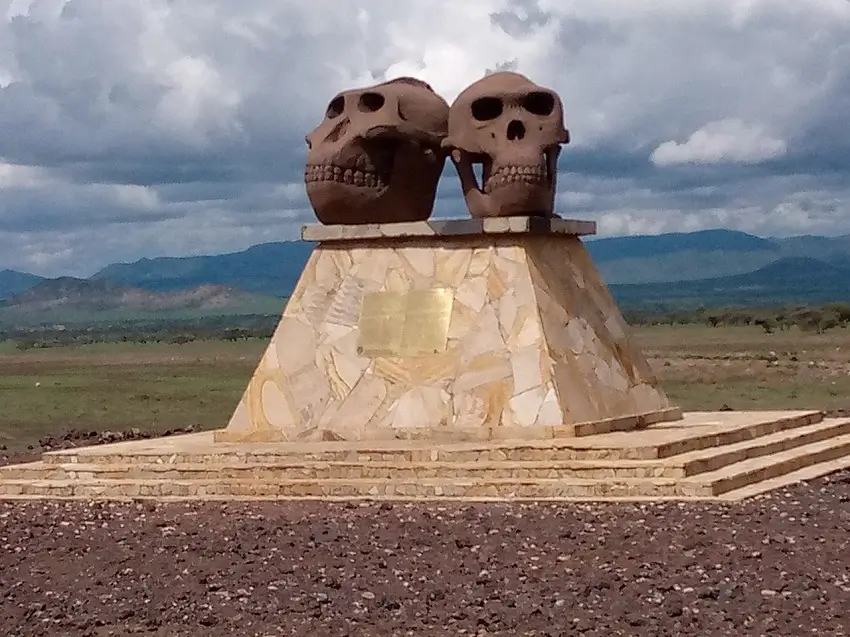 Skull monument overlooking the landscape at Olduvai Gorge in Tanzania.