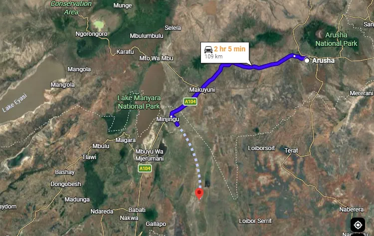 Arusha to Tarangire National Park map